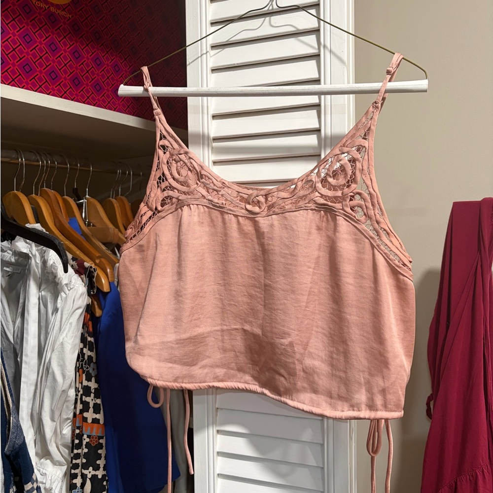 Intimately Free People Blush Satin Cropped Camisole With Open Embroidery Detail